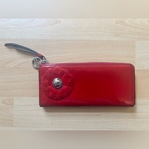 Coach Poppy Red Patent Leather Wallet with Floral Detail